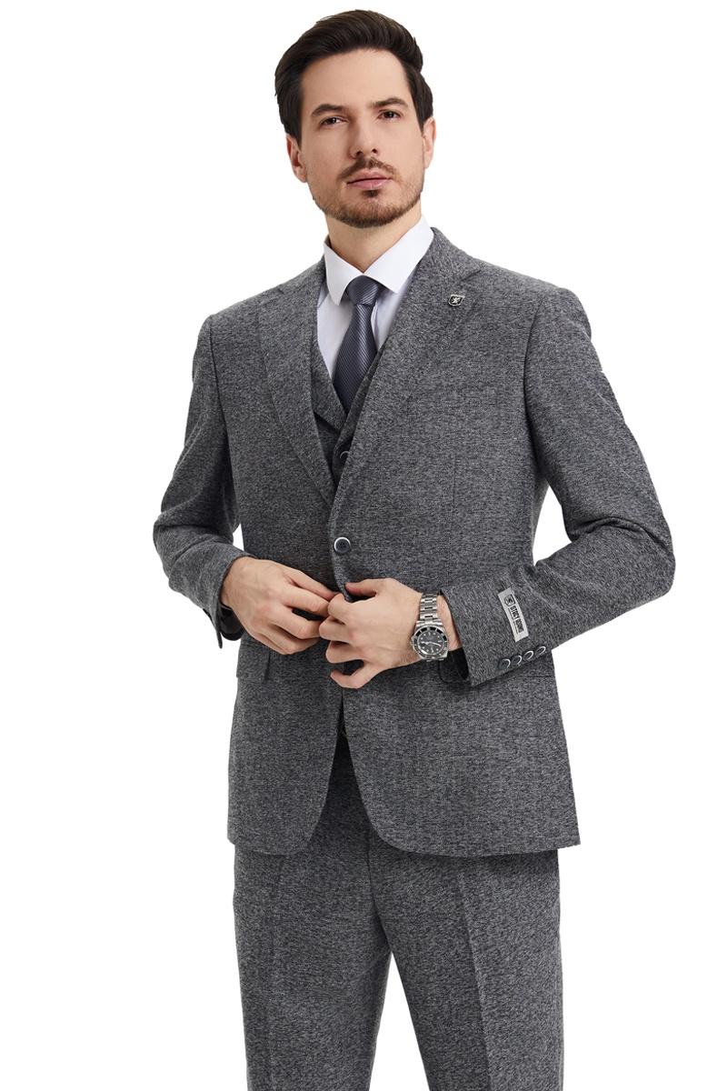 Men's Stacy Adams Vested Vintage Herringbone Tweed Suit in Grey