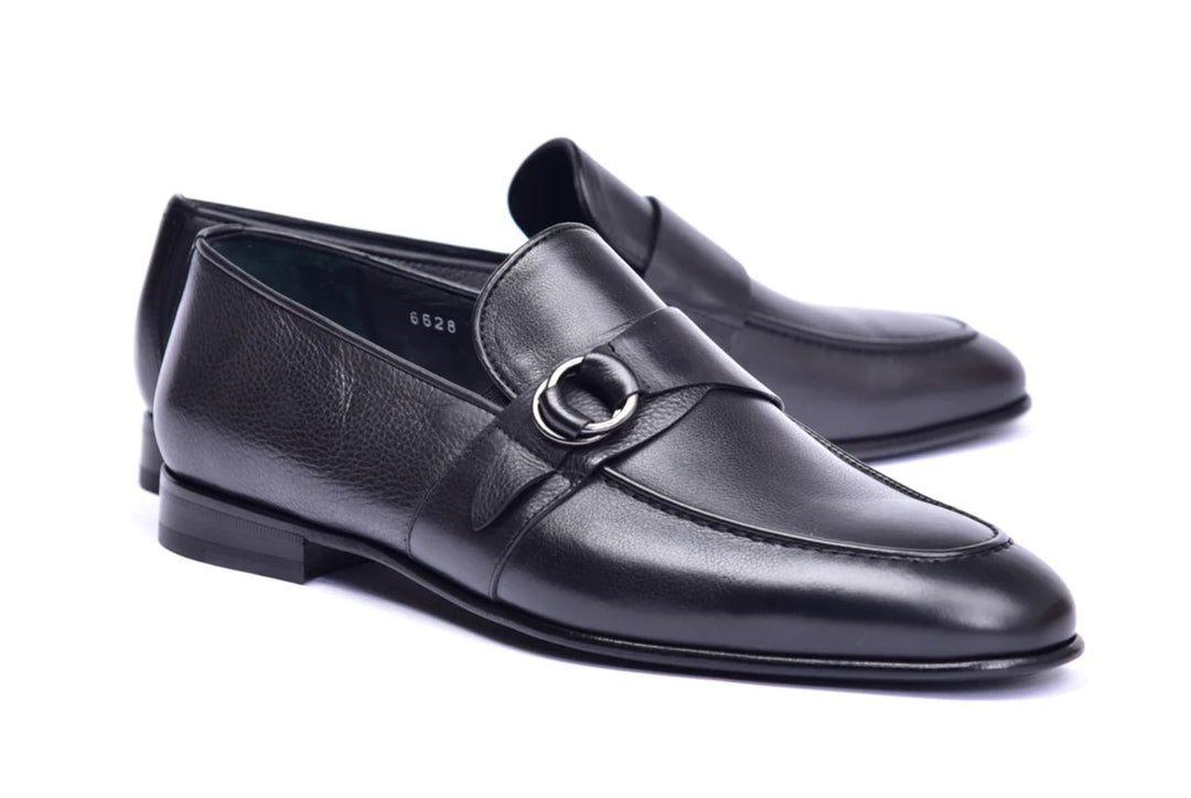 Corrente 6628 Leather Slip-On Side Buckle Loafer - Black