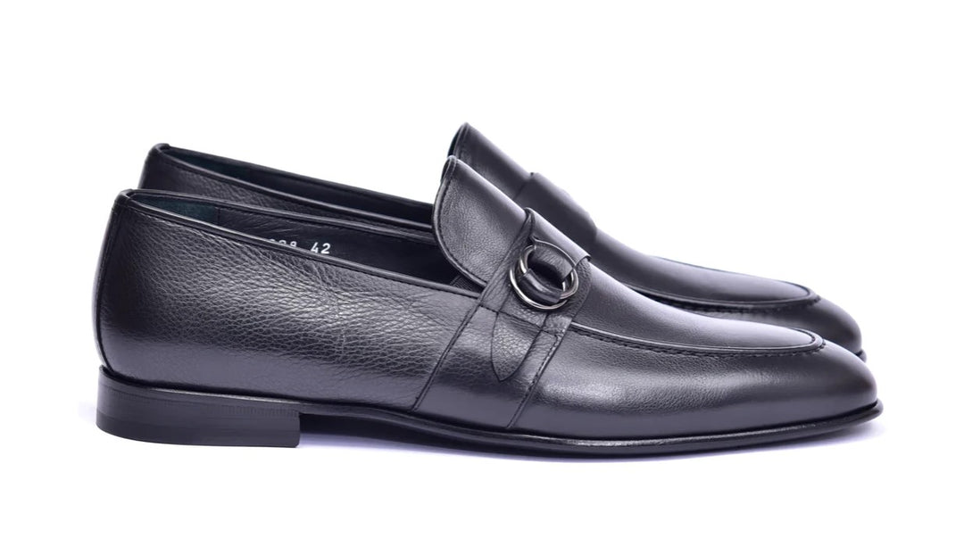 Corrente 6628 Leather Slip-On Side Buckle Loafer - Black