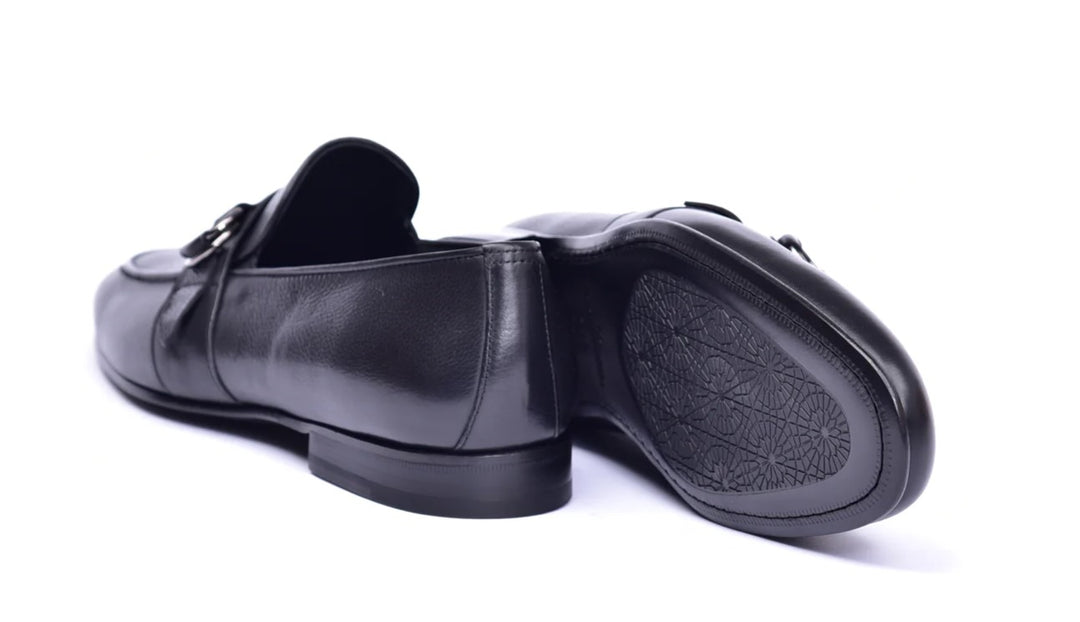 Corrente 6628 Leather Slip-On Side Buckle Loafer - Black