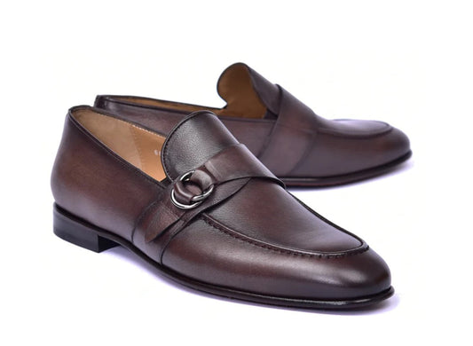 Corrente 6628 Leather Slip-On Side Buckle Loafer - Brown
