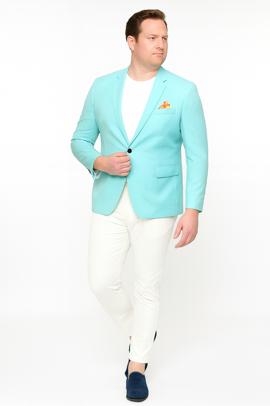 Mens Aqua Blazer Slim Fit One Button Suit Jacket with Stylish Floral Inner Lining - Light Turquoise