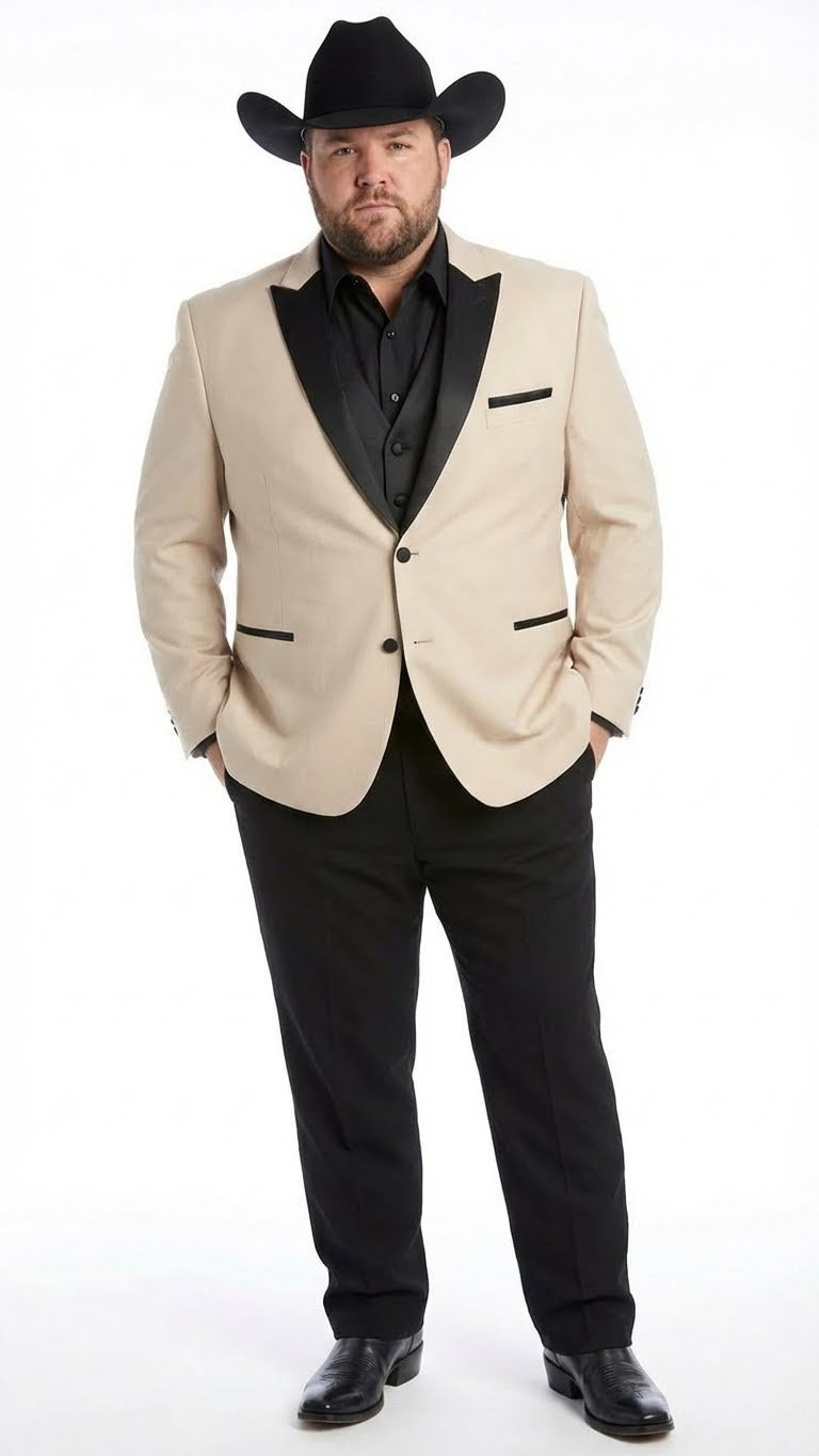 Men's Light Tan and Black Lapel Western Tuxedo Suit Set Wedding Party Cowboy Dress Tuxedo Black Pants