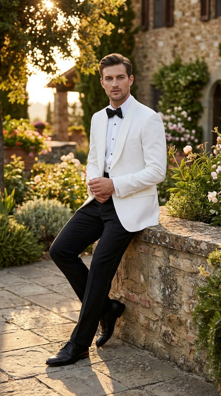Men's White Dinner Jacket Tuxedo Blazer with Black Satin Shawl Lapel  With Black Tuxedo Pants