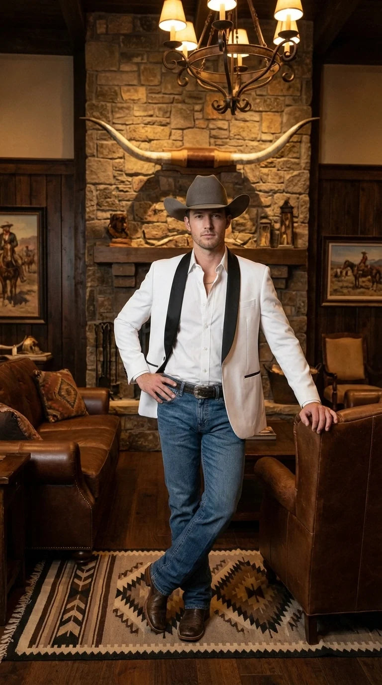 Men’s White Cowboy Blazer with Black Satin Lapel – Western Formal Tuxedo Style Jacket