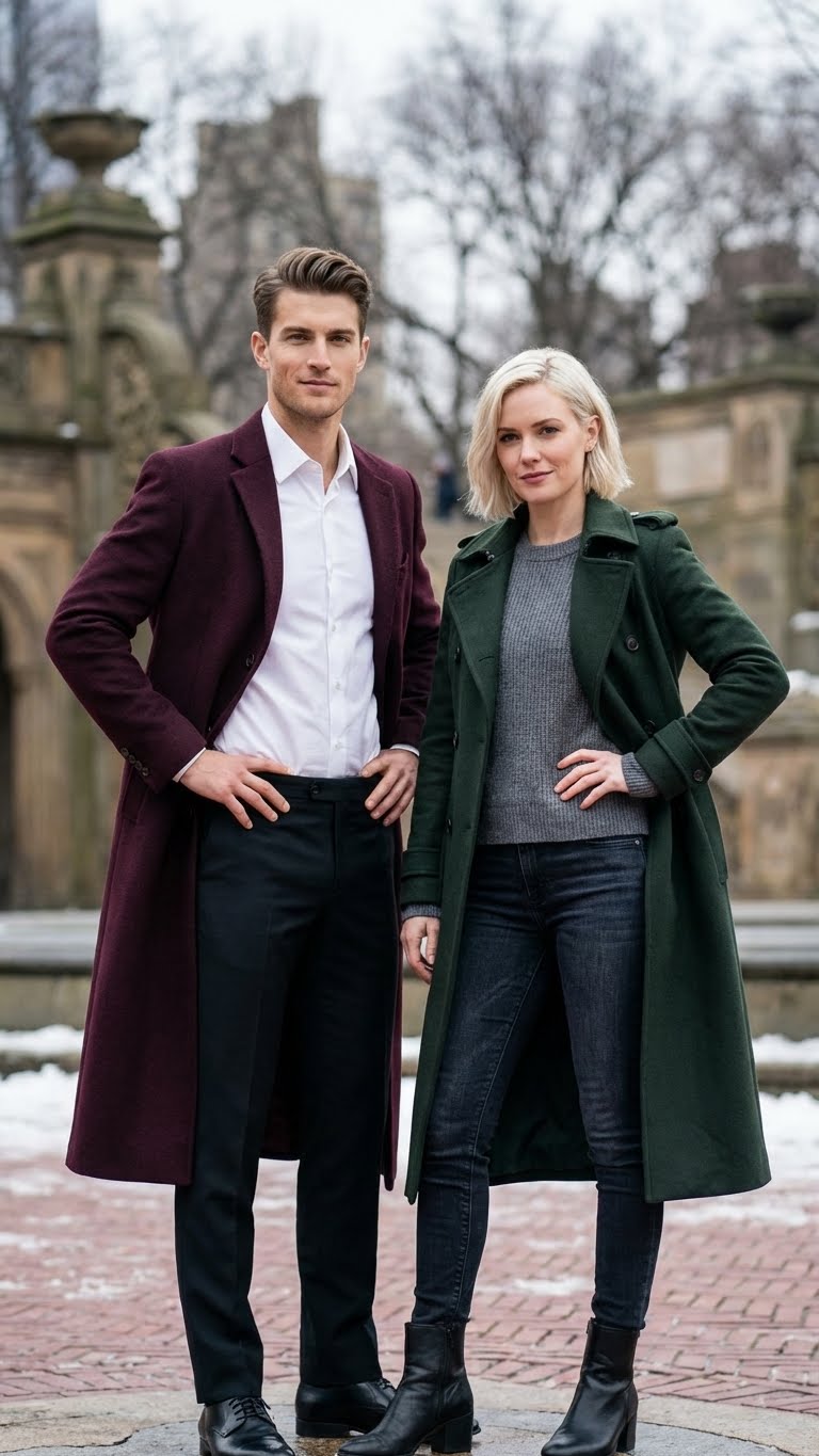Mens Burgundy Long Coat Classic Fit Wool Blend Overcoat - Topcoat Full length