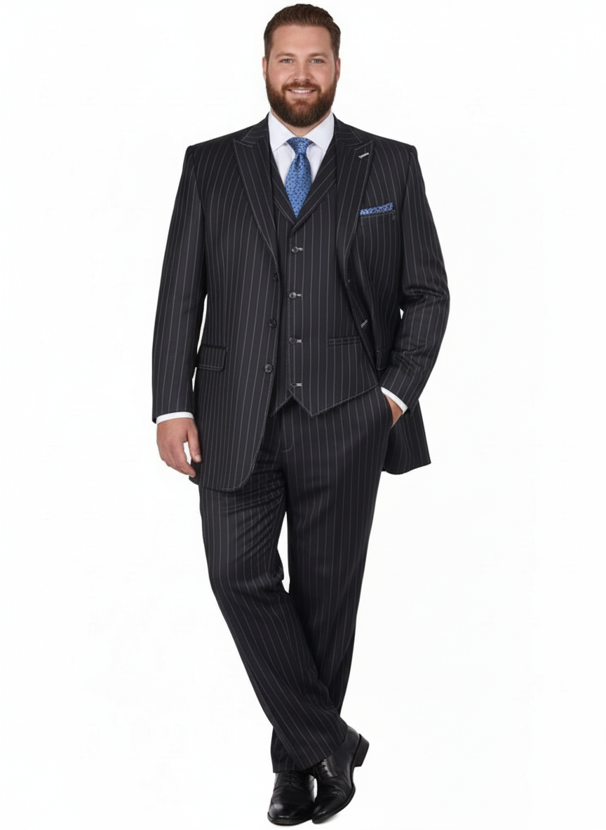 Men's Three Button Suits -  Navy Blue Pinstripe Three-Piece Suit Classic Business and Formal Wear with Tailored Fit