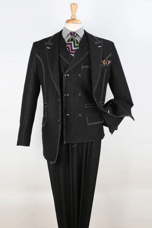 Apollo King "Black Denim Suit: Men's Double Breasted Vest with Two Button Peak Lapel"