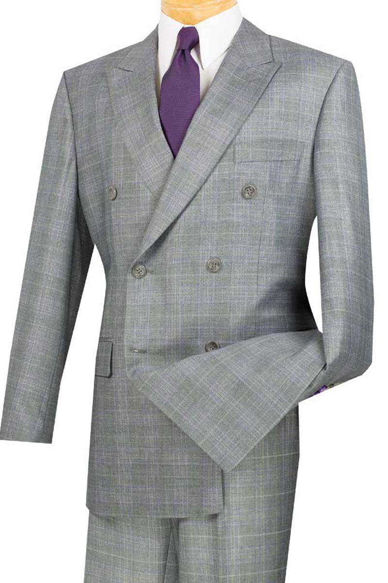 Mens Classic Wool Feel Double Breasted Glen Plaid Suit in Grey-New Designer Collection