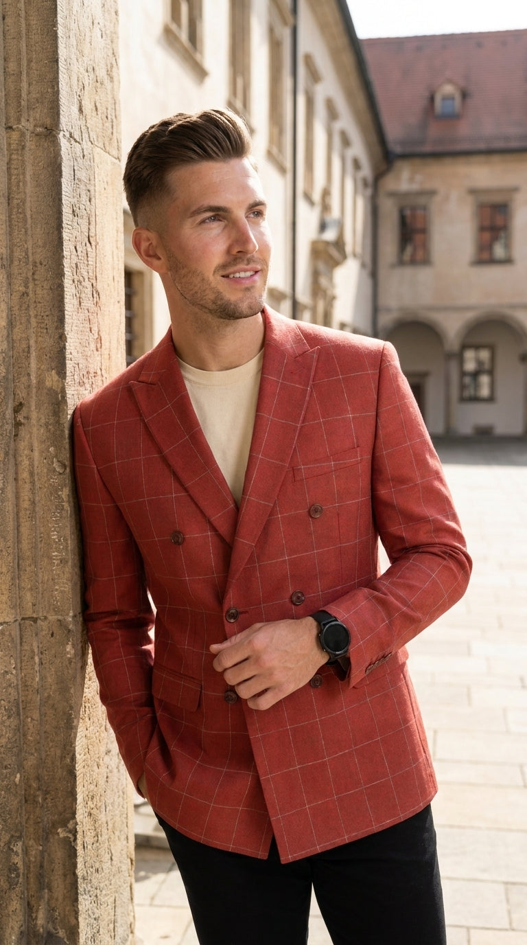 Men's Red Windowpane Plaid Double Breasted Suit – Modern Fit 2 Piece Wedding, Prom & Formal Dress Suit