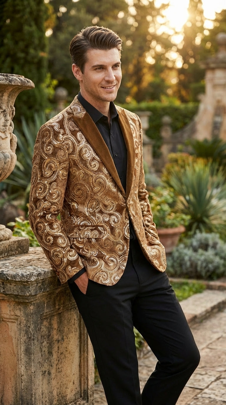 Men's Light Brown & Gold Baroque Embroidered Blazer Jacket | Tuxedo Dinner Jacket