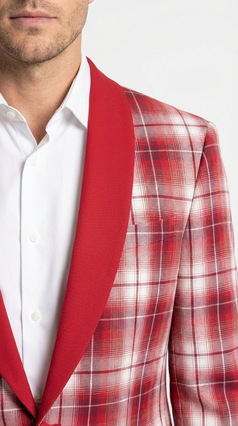Mens Tartan Red and White Plaid Blazer – Check Pattern Sport Coat Red Shawl Lapel Party Christmas Holiday New Year