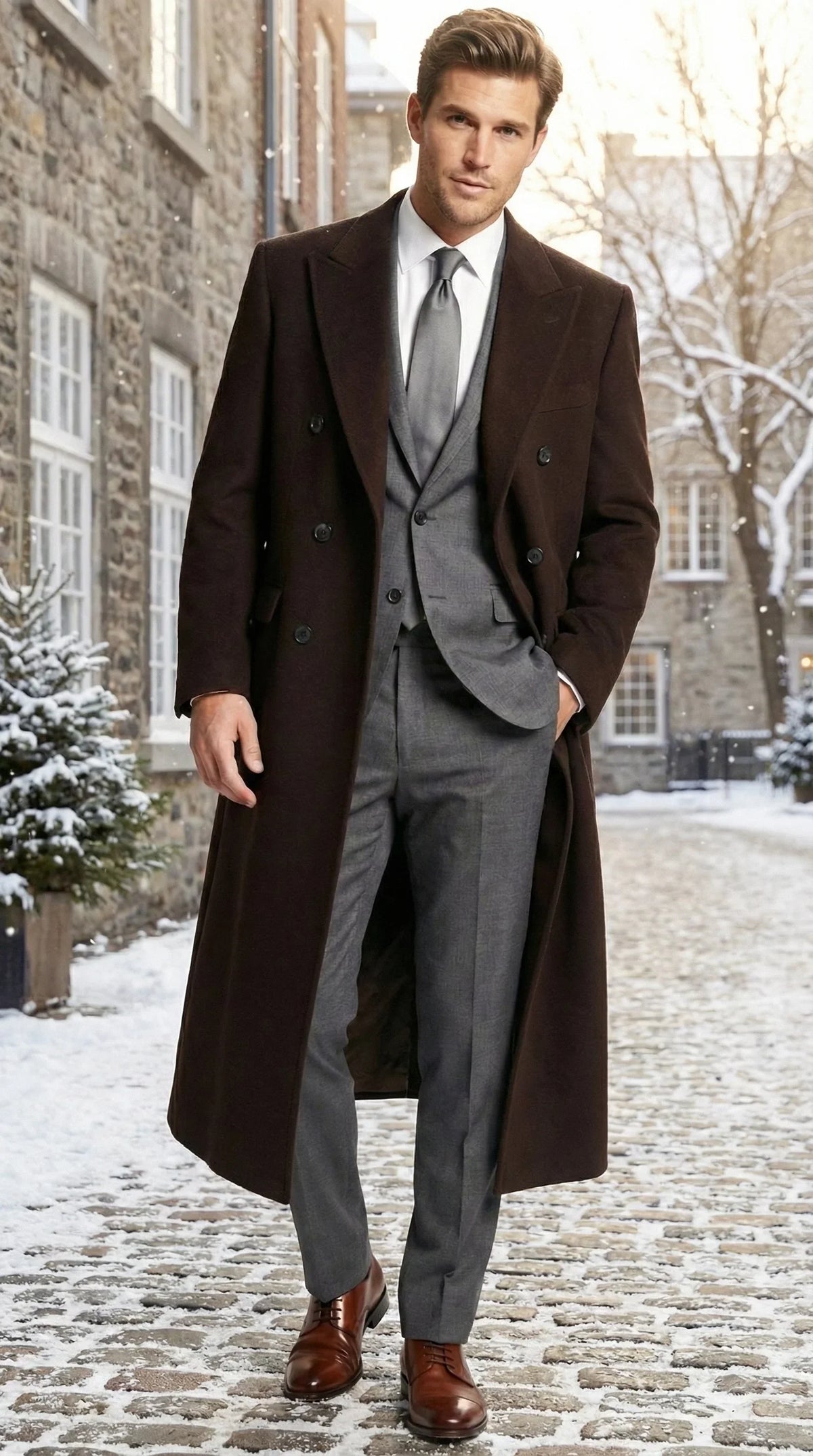 Mens Brown Long Overcoat Double Breasted Classic Formal Winter Coat for Business, Topcoat and Cold Weather Wear