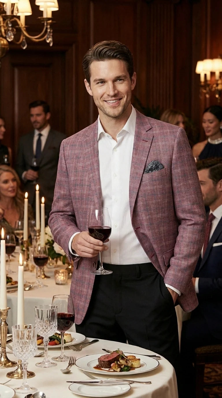 Mens Dusty Rose Mauve Pink with Tint of Blue Plaid Sport Coat Blazer – Classic Check Pattern Casual Blazer Jacket for Business Casual, Wedding