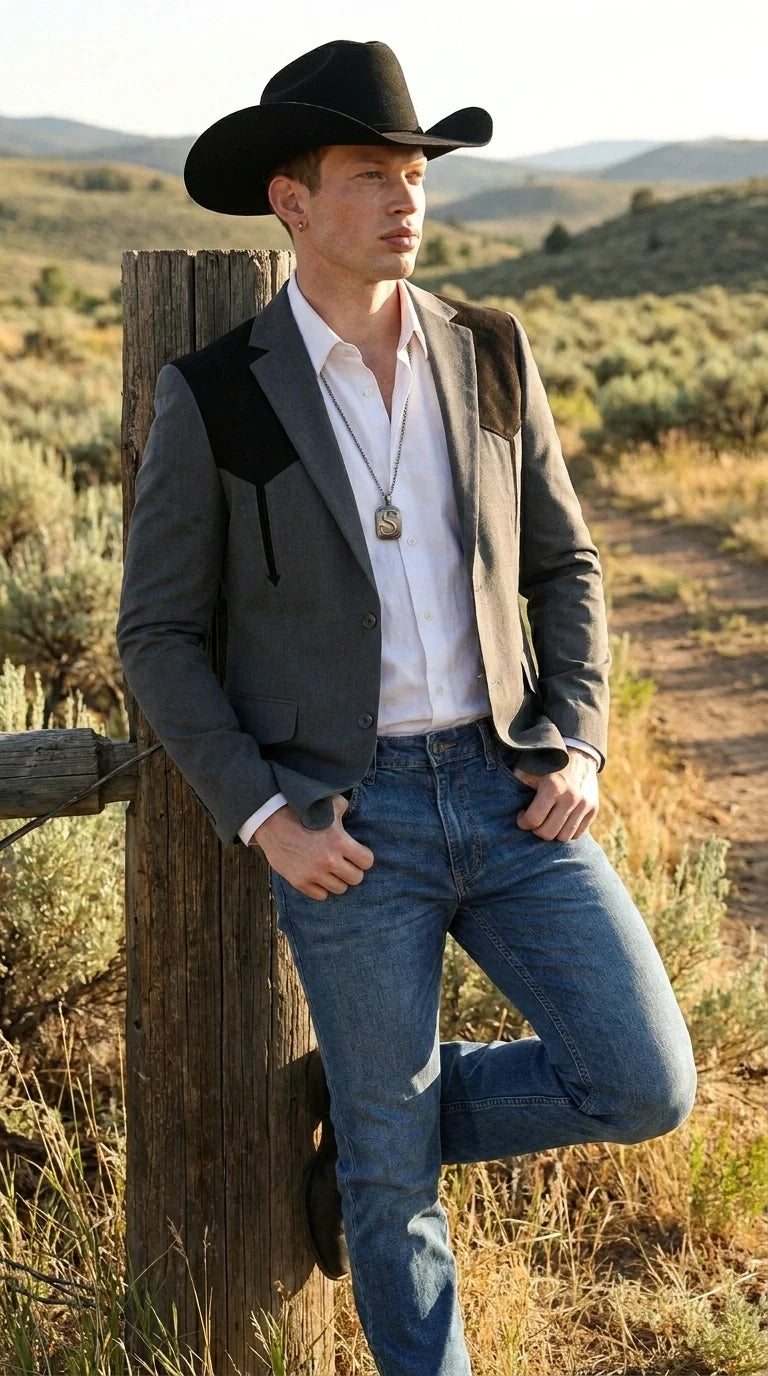 Men’s Dark Charcoal Western Blazer with Black Suede Yokes, Cowboy Sport Coat for Ranch Wedding and Country Events