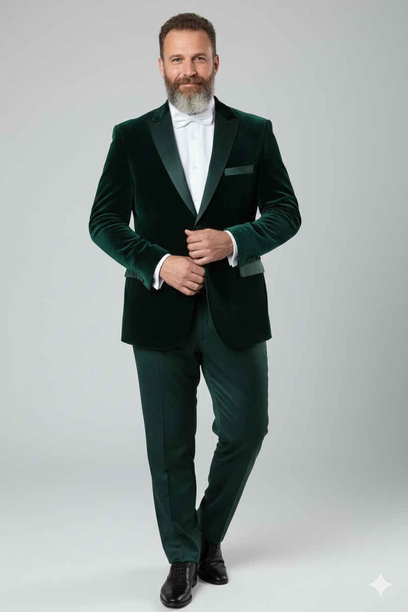 Mens Dark Green Velvet Tuxedo Dinner Jacket Slim Fit Formal Blazer with Satin Peak Lapel Lape