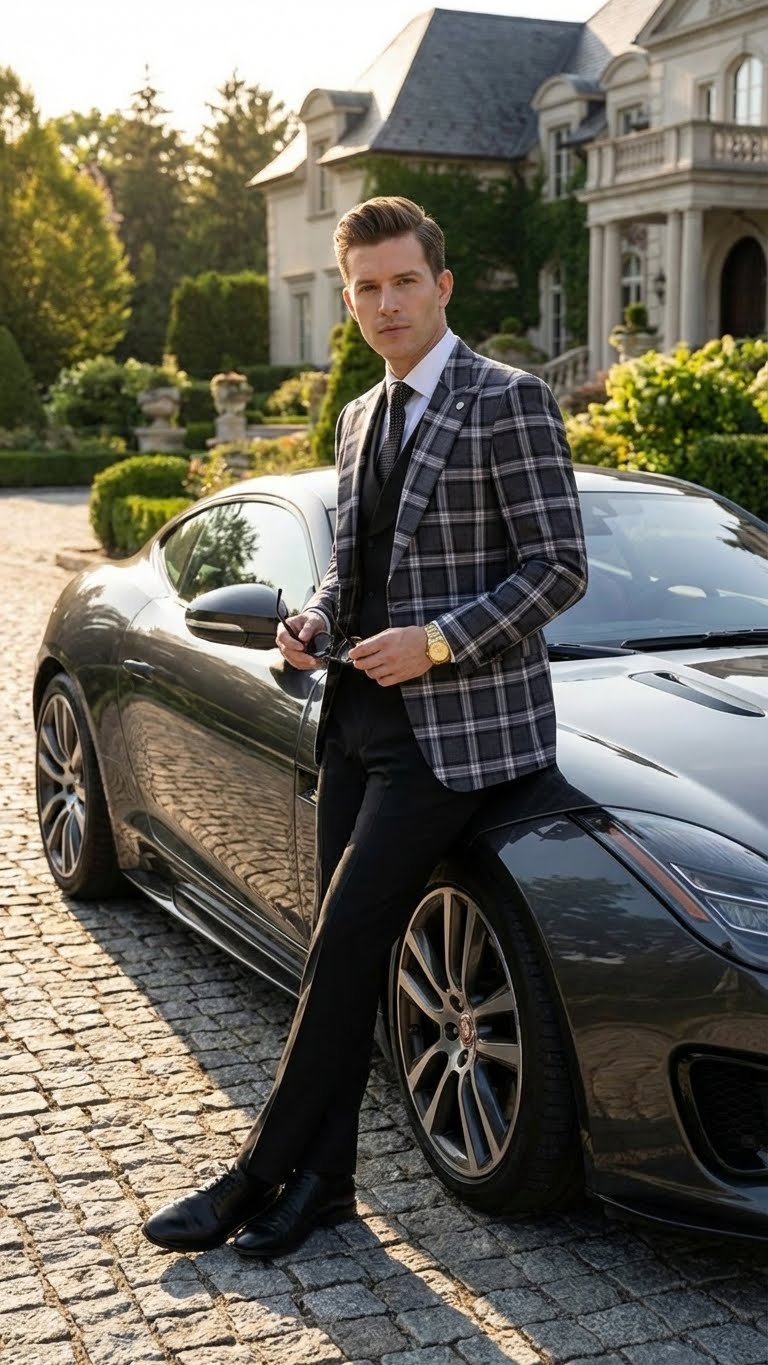 Mens Big and Tall Charcoal Gray and Black Plaid Blazer Grey Checker Windowpane Sport Coat