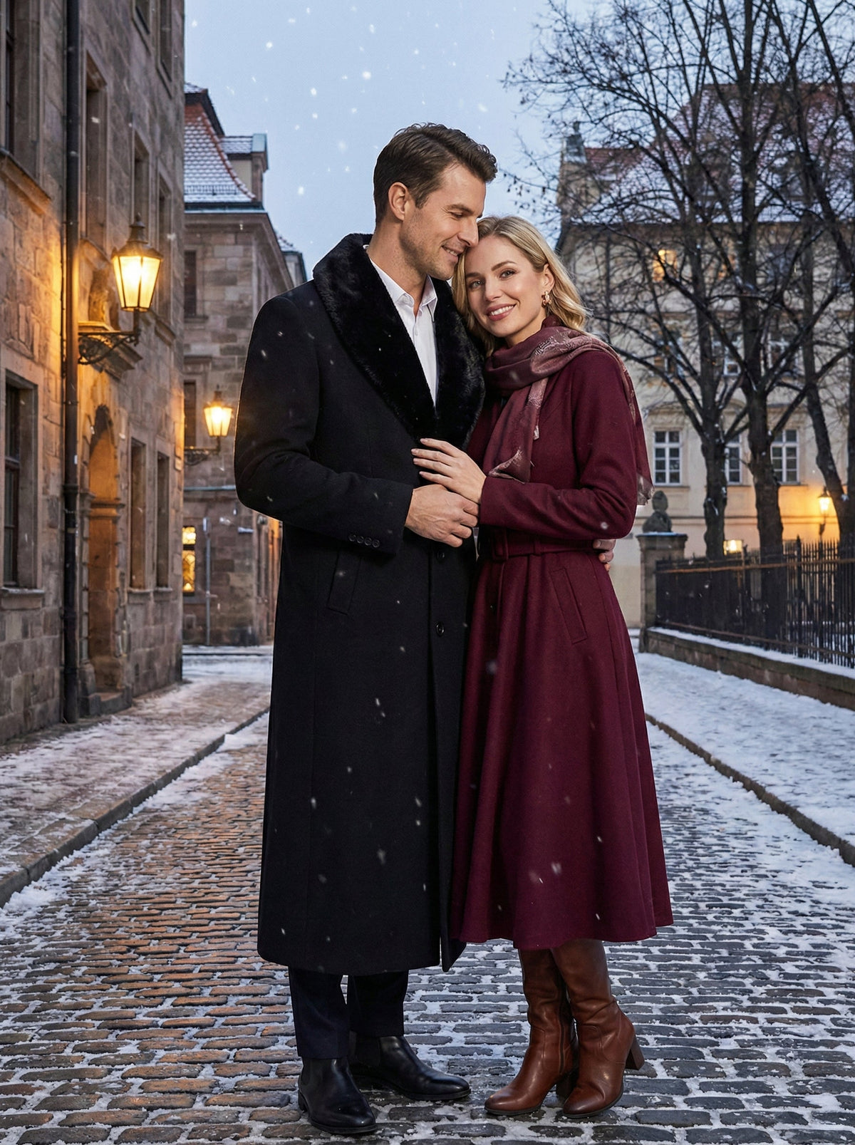 Mens Black Long Overcoat with Faux Fur Collar, Full Length Winter Topcoat for Formal and Business Wear