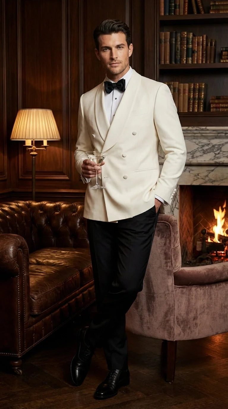 Men’s Ivory Wool Dinner Jacket – Classic Double Breasted Formal Tuxedo Jacket for Wedding and Black Tie Events