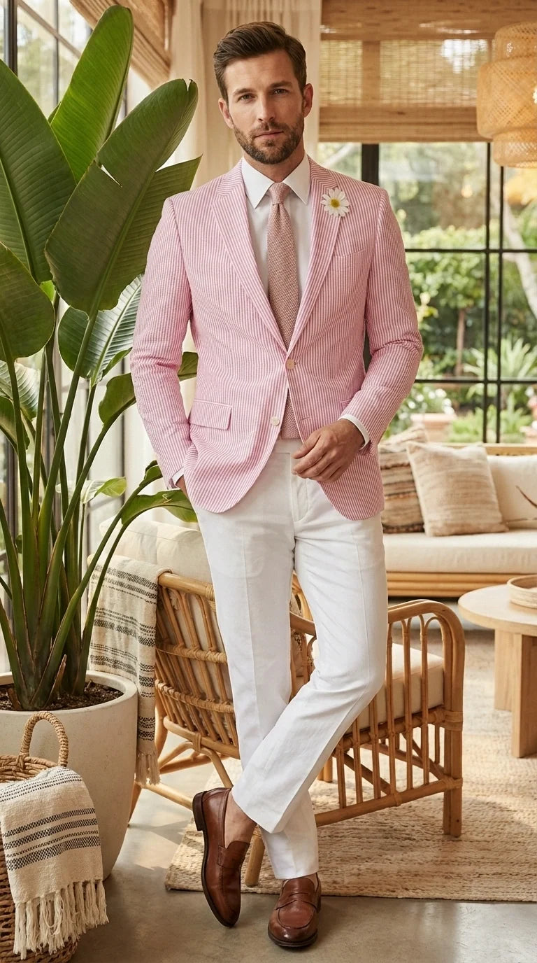 Mens Pink Seersucker Blazer – Lightweight Striped Summer Sport Coat Casual Smart Formal Jacket