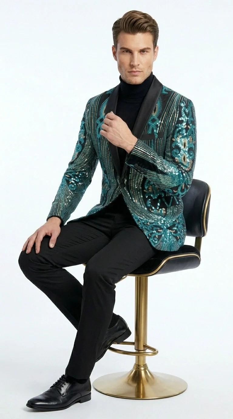 Men’s Black and Turquoise Blue With teal green Sequin Dinner Jacket, Formal Prom Wedding Paisley Floral Mardi Gra Pattern