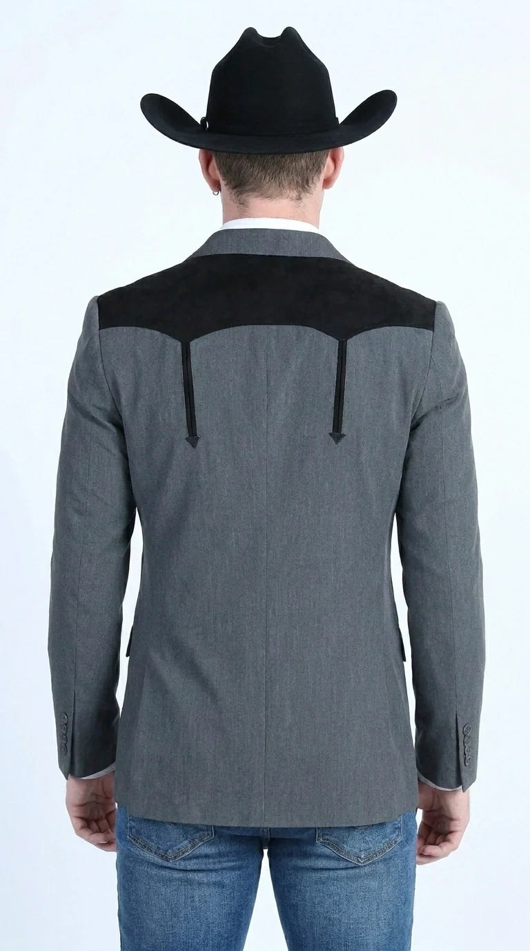 Men’s Dark Charcoal Western Blazer with Black Suede Yokes, Cowboy Sport Coat for Ranch Wedding and Country Events