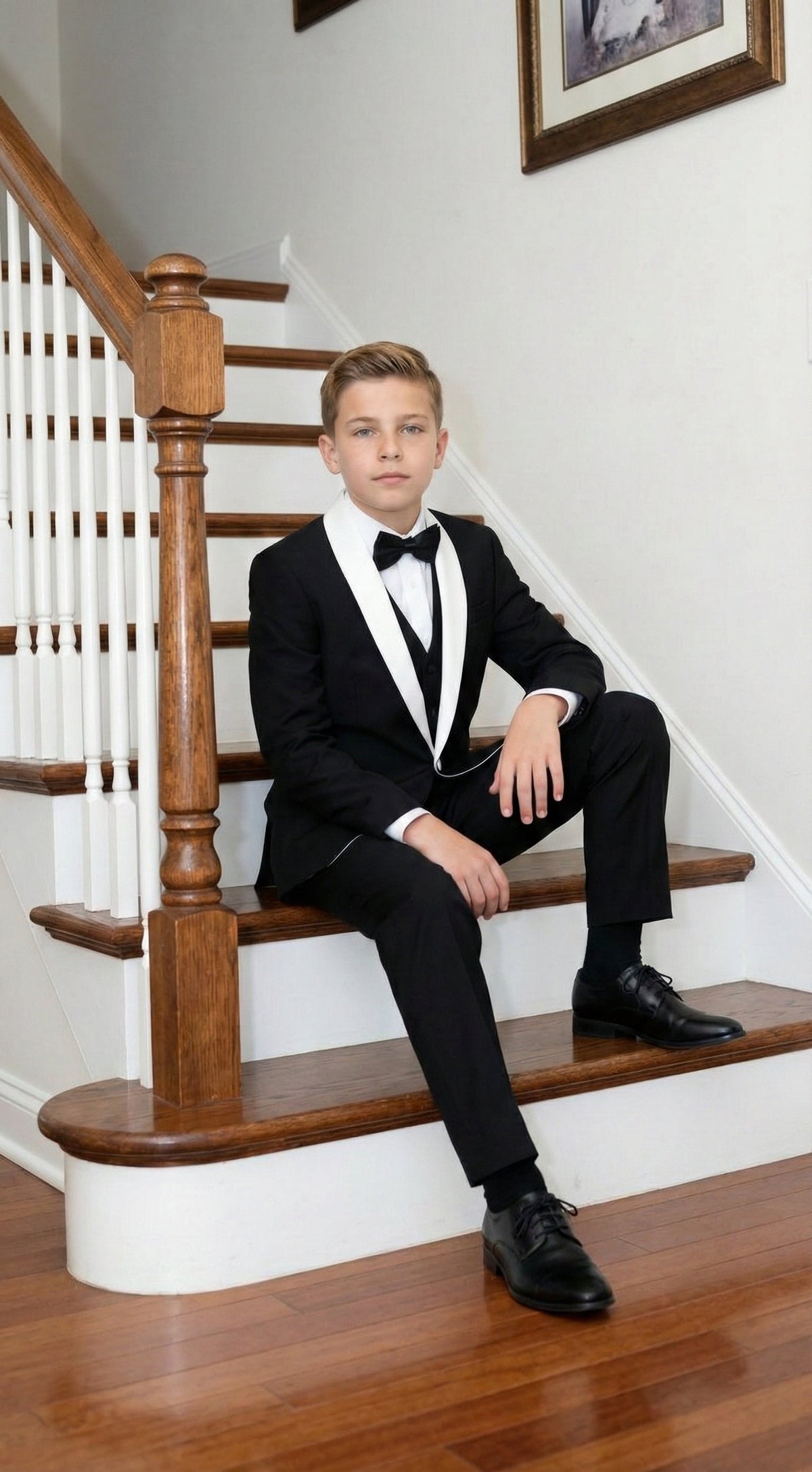 Boys Black Tuxedo Suit with White Shawl Lapel and Bow Tie | Formal Wedding & Prom Outfit Set