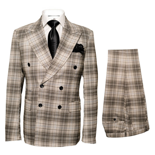 Mens Plaid Windowpane Business Suit Modern Fit Texturer Checker Peak Lapel By Rossiman in Color "Taupe"