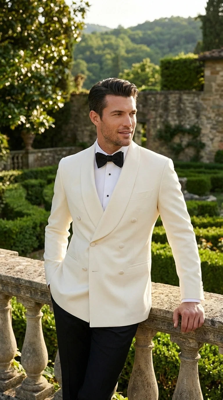 Men’s Ivory Wool Dinner Jacket – Classic Double Breasted Formal Tuxedo Jacket for Wedding and Black Tie Events