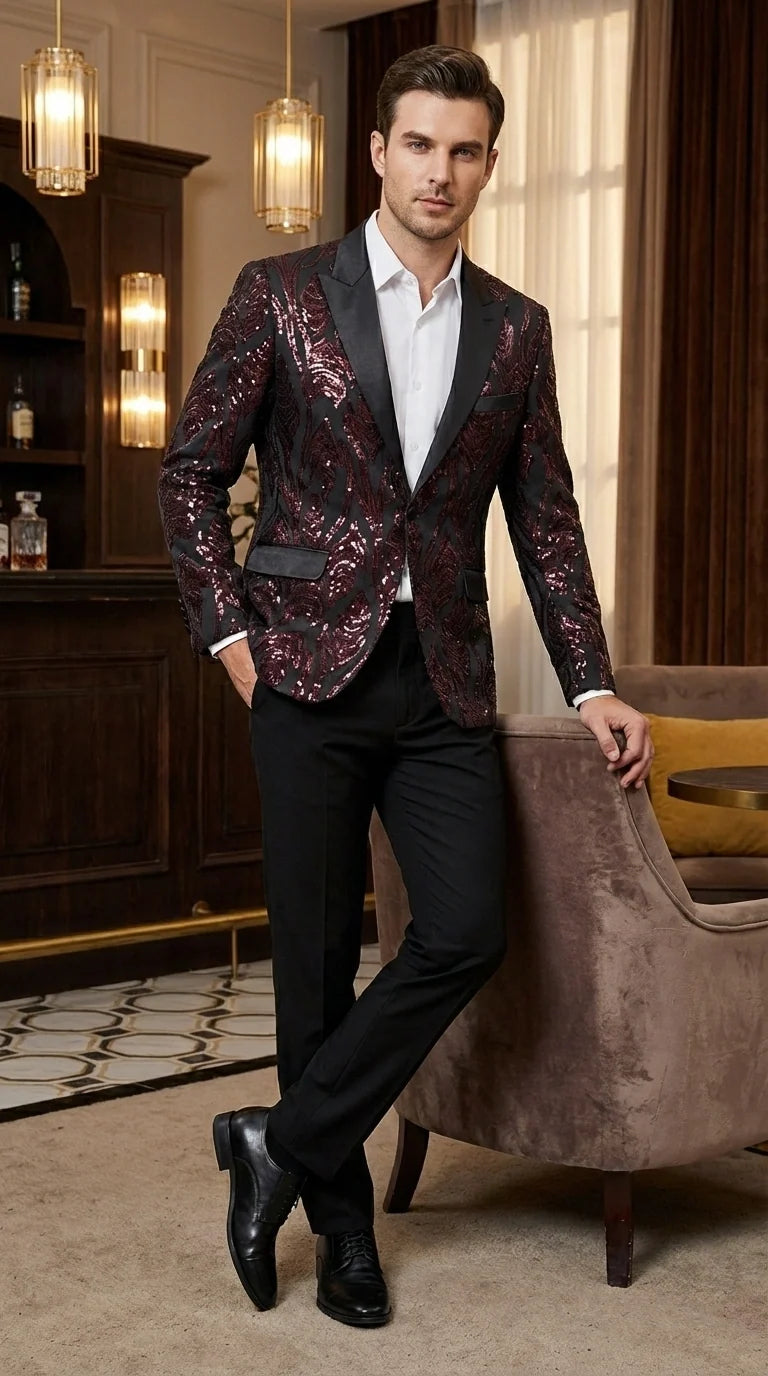 Men’s Black and Burgundy Sequin Blazer – Black Sparkle Sequin Party Blazer with Burgundy Pattern for Prom, Wedding Slim Fitted