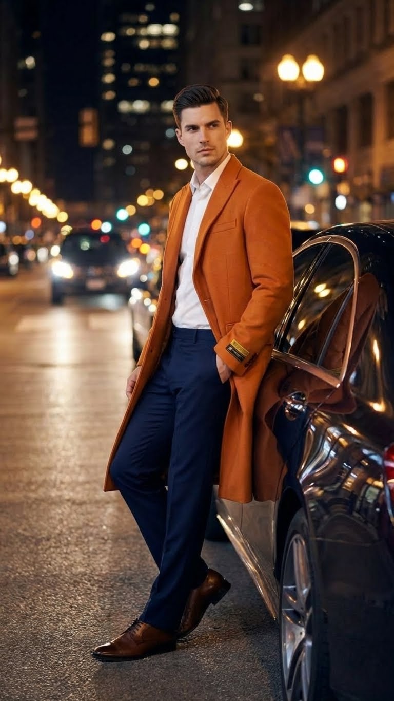 Mens Orange - Rust Wool Blend Long Overcoat Topcoat Carcoat Topcoat