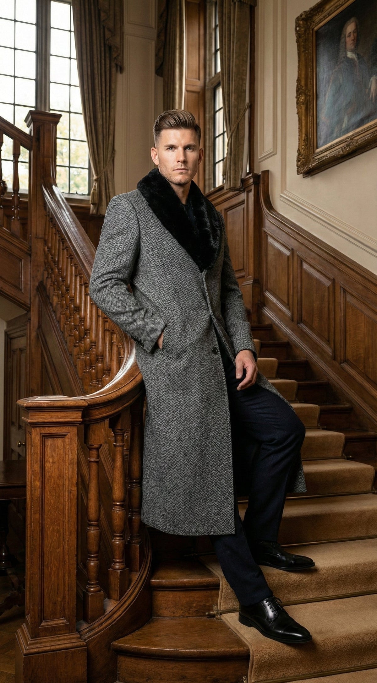 Men's Grey Herringbone Tweed Long Overcoat with Black Faux Fur Collar, Classic Winter Topcoat
