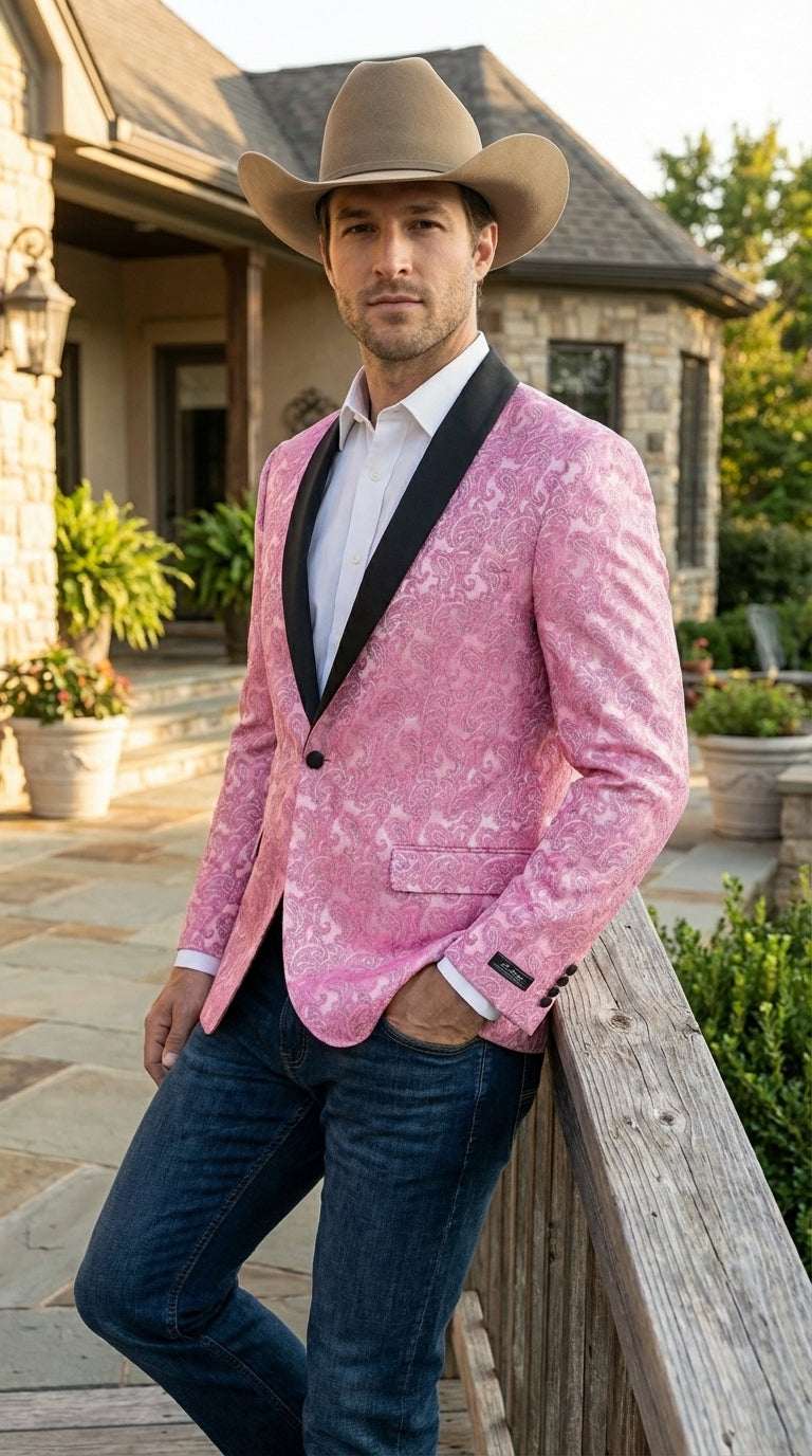 Mens Hot Pink Paisley Western Blazer Jacket – Stylish Pattern Formal Blazer with Black Shawl Lapel for Party, Wedding Cowboy Sportcoat