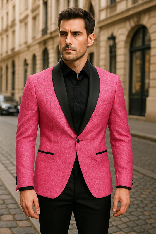 Mens Hot Pink Tuxedo Suit With Black Pants Paisley Patter with Black Shawl Lapel - Fuchsia Color Prom Suit