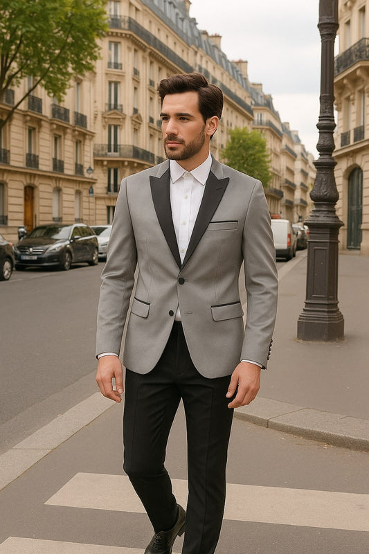 Men's Grey Velvet Tuxedo Jacket with Black Satin Lapel Suit â€“ Mens Blazer + Black Pants