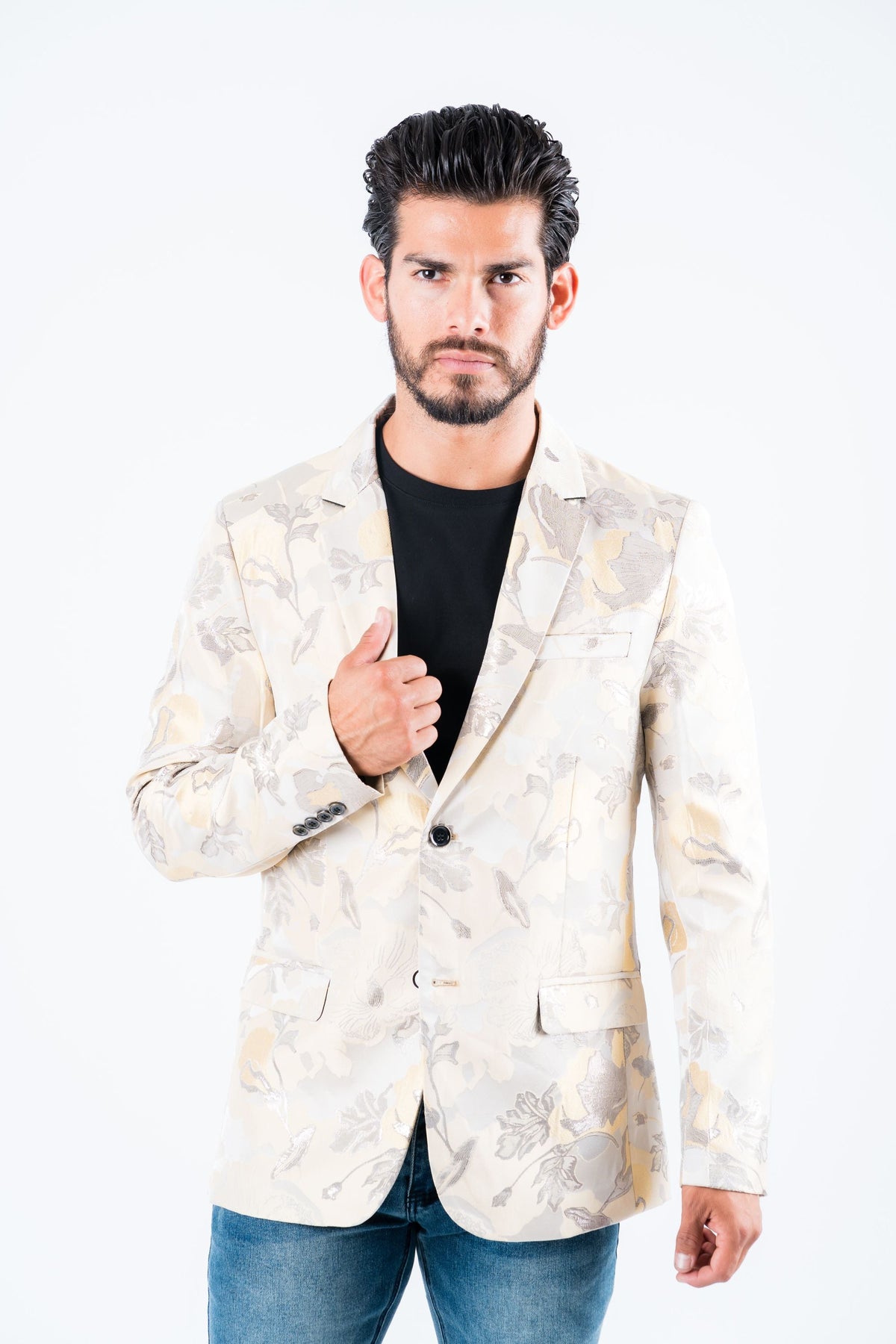 Men’s Elegant Beige Floral Print Blazer with Double Buttons