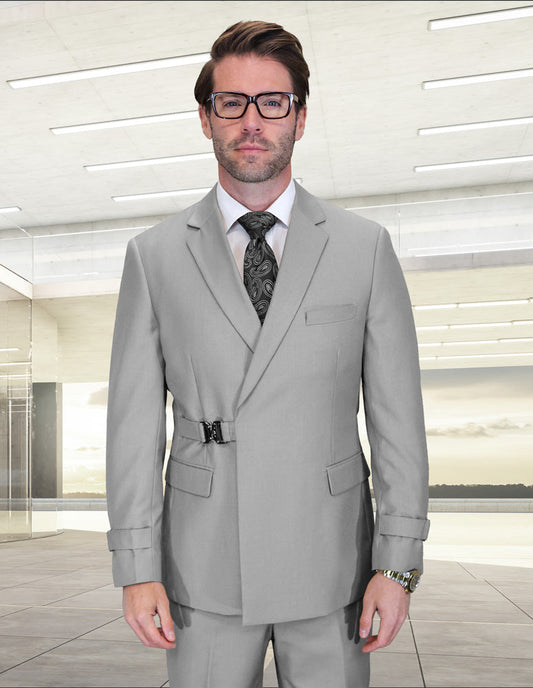 2PC Italian Super 200's Wool Suit Modern Fit Flat Front Pants with Metal Buckles in Gray