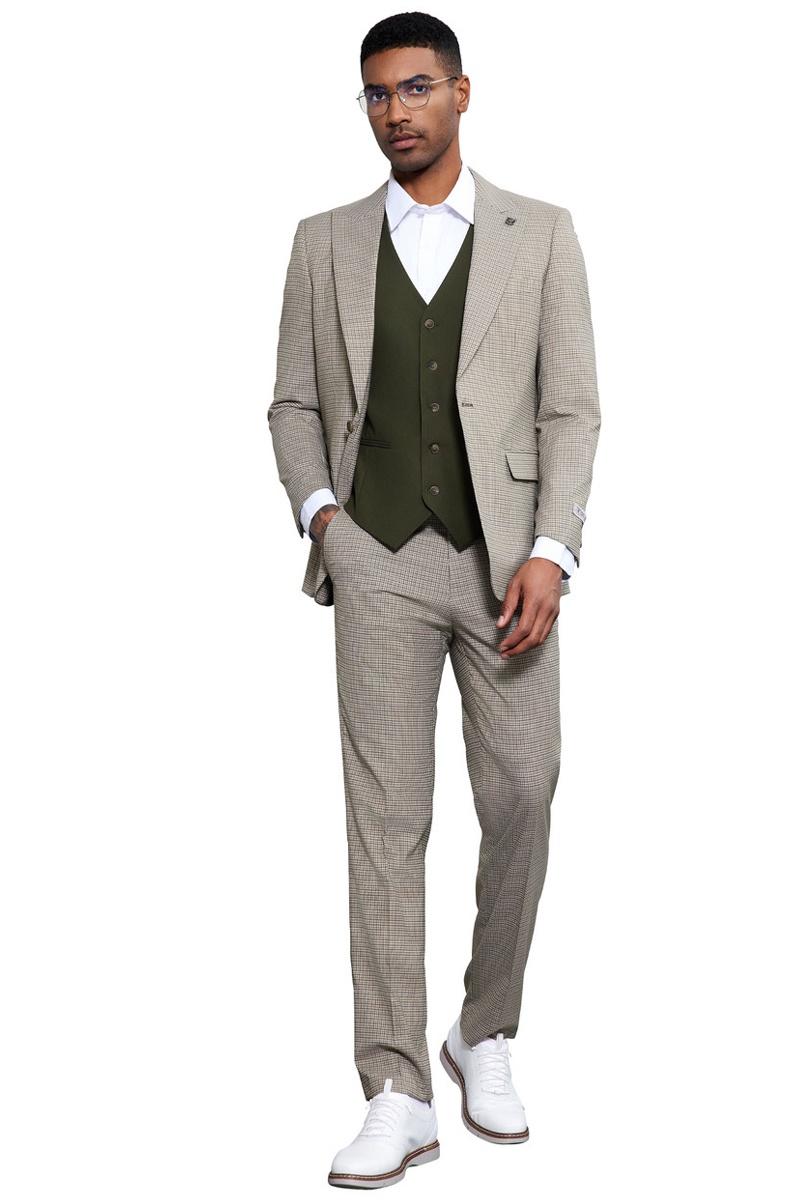 Men's Stacy Adams One Button Peak Lapel Vested Micro Check in Sage Green with an Olive Green Vest