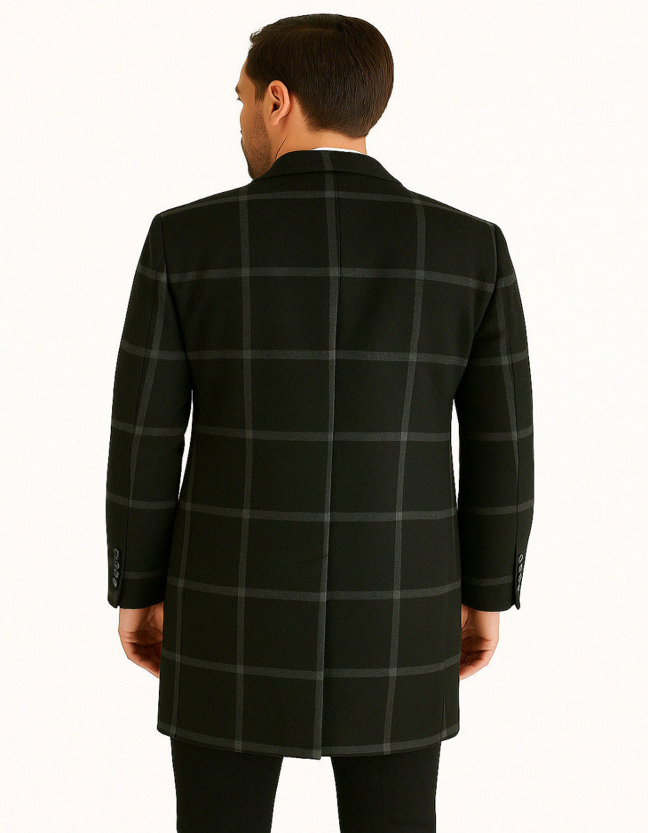 Mens Black Windowpane Wool Overcoat Big Plaid Pattern Classic Checkered CarCoat