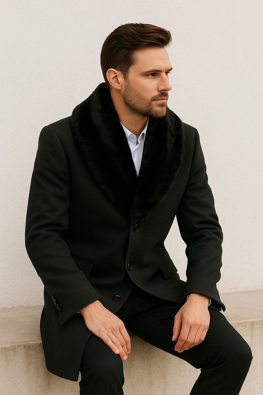Mens Black Wool Overcoat with Black Faux Fur Collar â€“ Luxury Winter Dress Coat