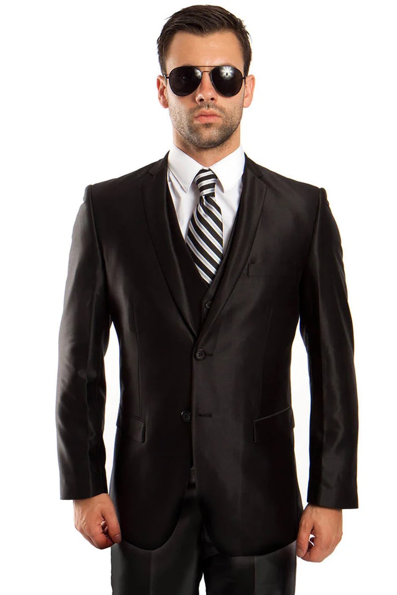 Mens 2 Button Shiny Blazer - Royal Blue Sateen Vested Suit - New Arrival