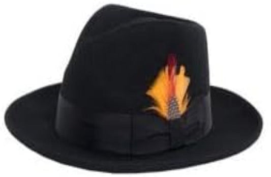 Gangster 100% Australian Wool Crushable Mens Fedora Hat - Removable Feather Gangster Black and Grey Mens Fedora Hat