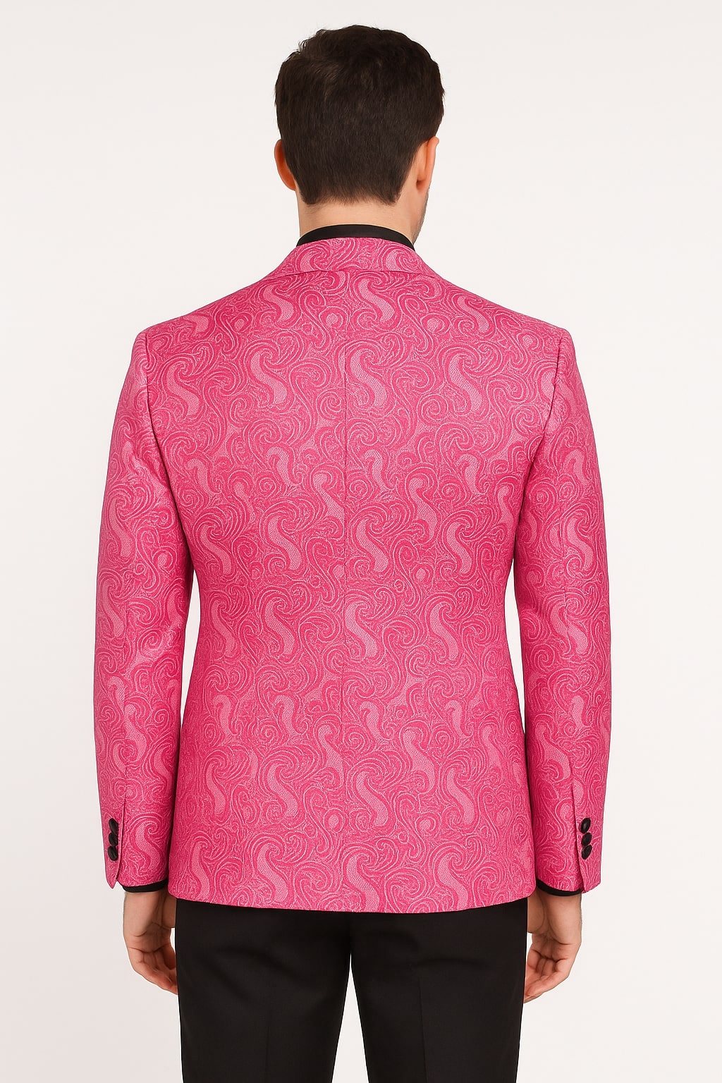 Mens Hot Pink Paisley Tuxedo Blazer with Black Shawl Lapel Fuchsia Color Dinner Jacket Perfect for Prom