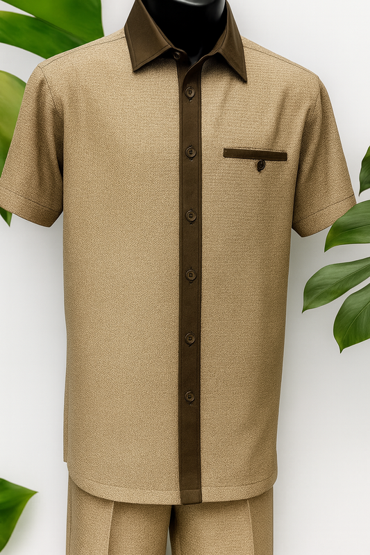 Mens Brown Tan Houndstooth Short Sleeve Walking Suit