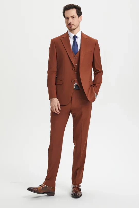 Mens Orangish Rust Brown Three-Piece Suit Slim Fit Jacket, Vest and Tailored Pants in Brick Color