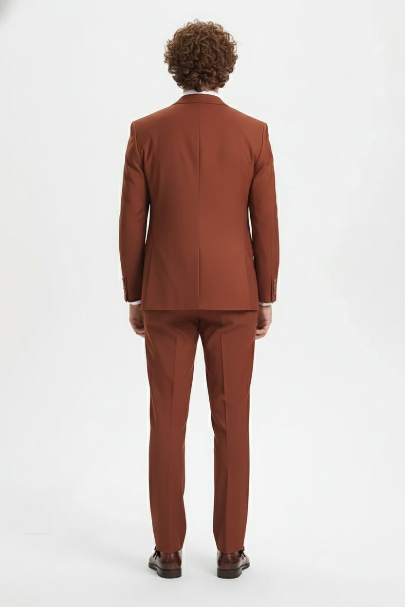 Mens Orangish Rust Brown Three-Piece Suit Slim Fit Jacket, Vest and Tailored Pants in Brick Color