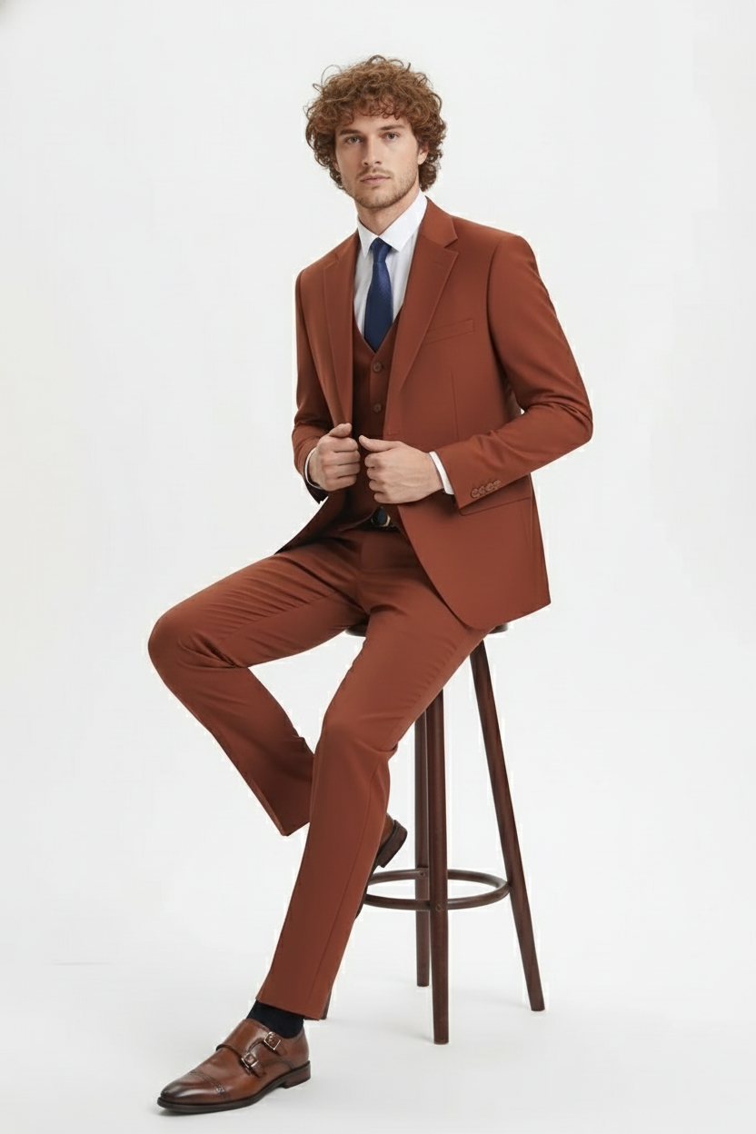 Mens Orangish Rust Brown Three-Piece Suit Slim Fit Jacket, Vest and Tailored Pants in Brick Color