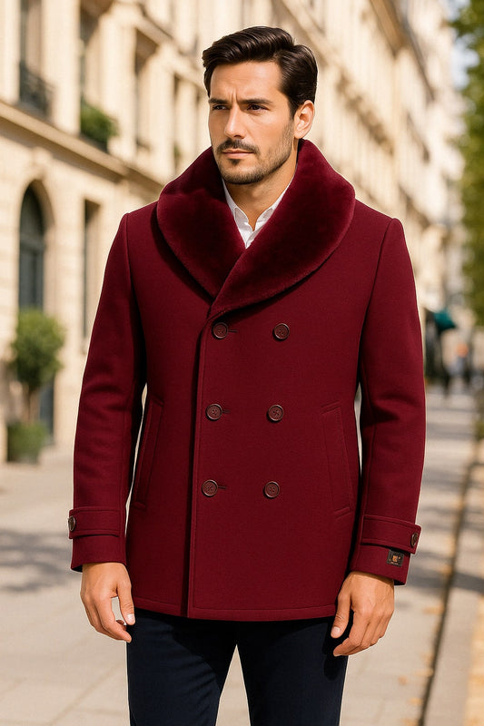 Mens Burgundy Double-Breasted Overcoat with Faux Fur Shawl Collar, Alberto Nardoni Signature