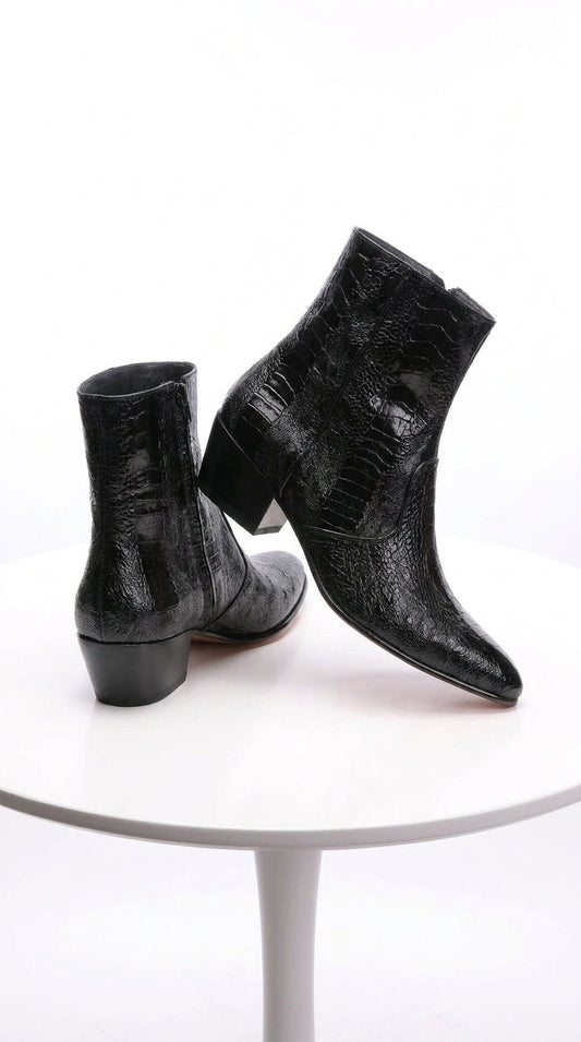 Los Altos Men’s Black Ostrich Ankle Dress Boots, Genuine Exotic Higher Heel Dress Boots
