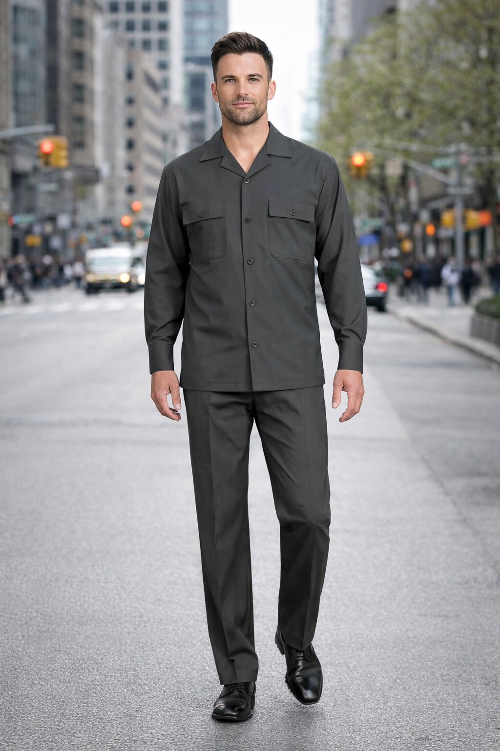 Mens Luxury Charcoal Grey Wool Two-Piece Leisure Walking Suit